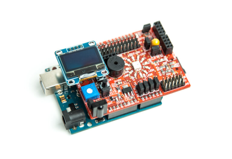 Step 1/3: Connect the i2c oled display on i2c header pin.Note Verify the connections on shield before powering the shield.