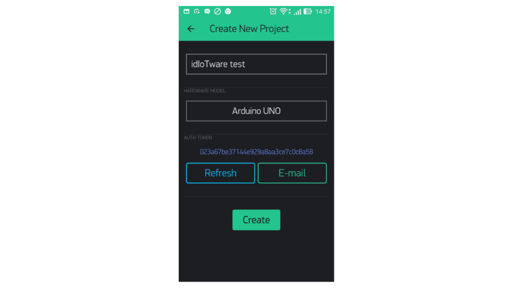Step 1/6: Create New project and select arduino uno as hardware model. Email the AUTH Token number.
