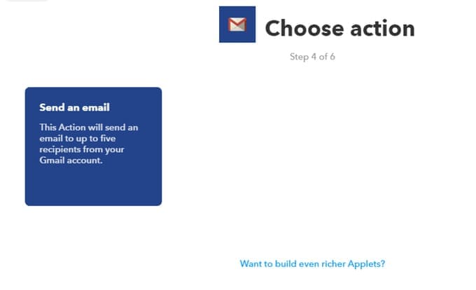 Step 8/16: Click on send an email. This will send an email whenever the Maker channel is triggered.