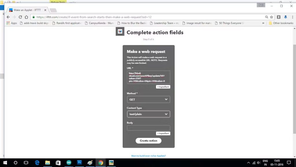 Step 11/14: You will need to add url for blynk server and change content type to text/plain