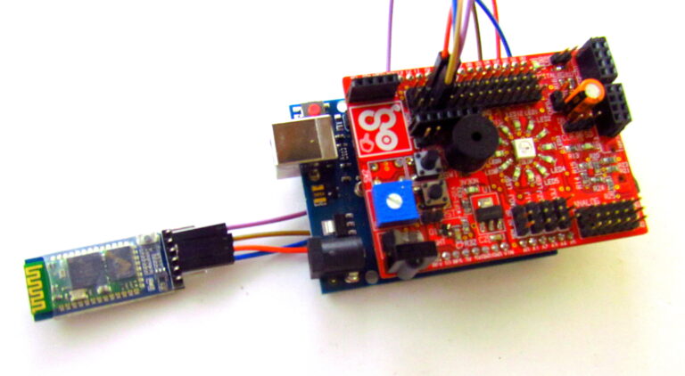 Step 4/4: You need to connect the HC-05 BT module such a way that  RX goes to digital pin 10 and TX goes to digital pin 9 while Vcc to 5v header and gnd to gnd pin header.